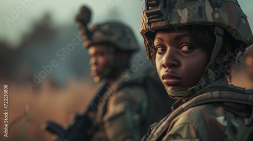 Young black female army soldier at war. Copy space. AI generated
