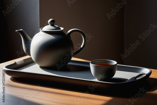 Stylish minimalist still life with dark grey teapot and cup on wooden table. Sun light shadows. Authentic tea ceremony