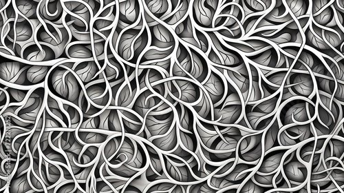 Abstract black and white line drawing of intertwining vines, creating a visually intricate and organic pattern in a minimalist style