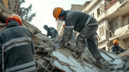Search and rescue forces search through a destroyed building.