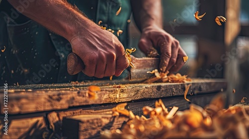 Sawdust-covered hands skillfully guide a hand plane over a piece of wood, refining it to perfection.