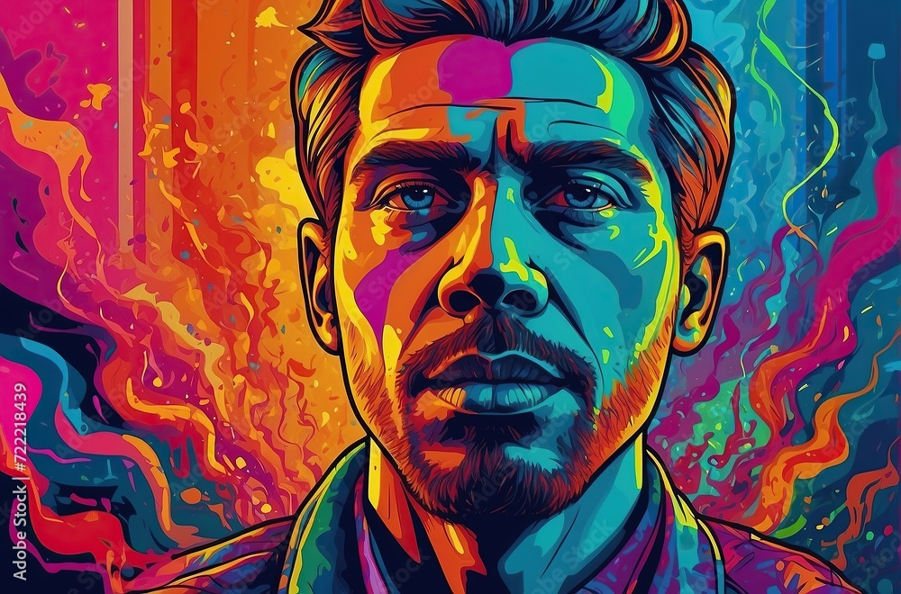 A Bold Neon Portrait of a Stoned Man Experiencing Hallucinations with Splash Art, Glowy Smoke, and Cel-Shading Style in High Saturation A Bold Neon Portrait of a Stoned Man Experiencing Hallucinations with Splash Art, Glowy Smoke, and Cel-Shading Style in High Saturation