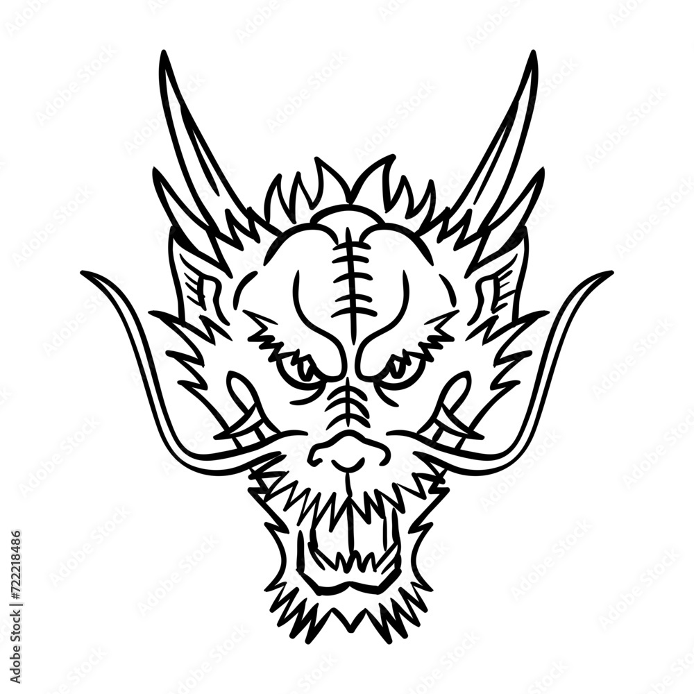 Obraz premium Line art dragon head angry face view front vector