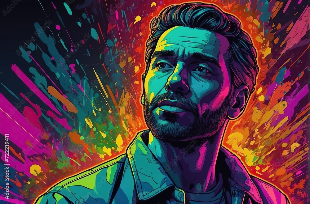 A Bold Neon Portrait of a Stoned Man Experiencing Hallucinations with Splash Art, Glowy Smoke, and Cel-Shading Style in High Saturation