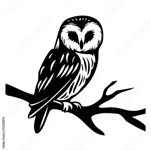 barn owl on branch icon illustration, barn owl on branch silhouette logo svg vector