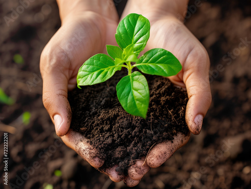 Eco Life Idea. Hands Planting New Small Seedling in a Fresh Soil with Care. Sustainable Gardening Concept. 
