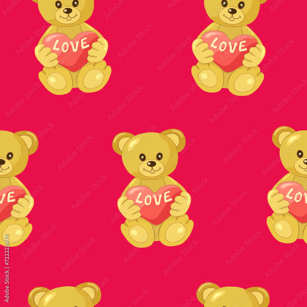 Funny light brown cubs or bears are holding a red heart with the inscription LOVE on a bright pink background. Seamless pattern. Wrapping paper, holidays and gifts. Valentine's day. Vector illustratio Funny light brown cubs or bears are holding a red heart with the inscription LOVE on a bright pink background. Seamless pattern. Wrapping paper, holidays and gifts. Valentine's day. Vector illustratio