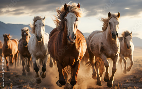 Wild Horse Herd Galloping Through the Rugged Wilderness © EwaStudio
