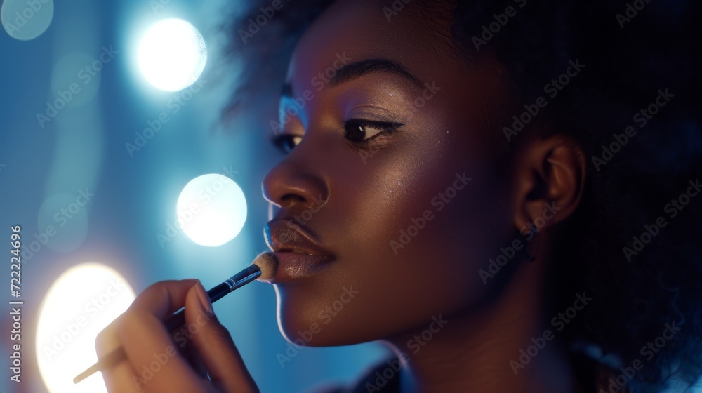 Fototapeta premium Makeup artist applies Makeup artist applies powder and blush. A beautiful woman faces. A make-up master puts blush on the cheeks of a beauty model girl. Make-up is in process. Beautiful woman