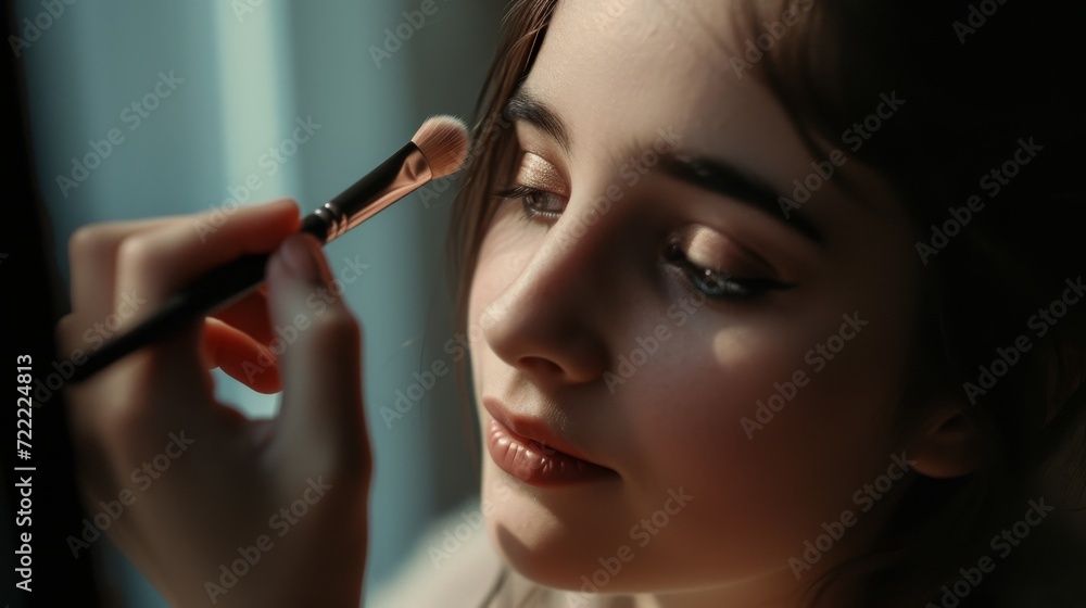 Obraz premium Makeup artist applies Makeup artist applies powder and blush. A beautiful woman faces. A make-up master puts blush on the cheeks of a beauty model girl. Make-up is in process. Beautiful woman