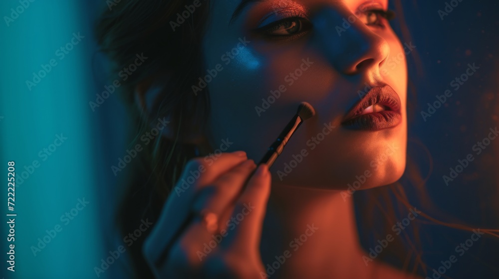 Fototapeta premium Makeup artist applies Makeup artist applies powder and blush. A beautiful woman faces. A make-up master puts blush on the cheeks of a beauty model girl. Make-up is in process. Beautiful woman