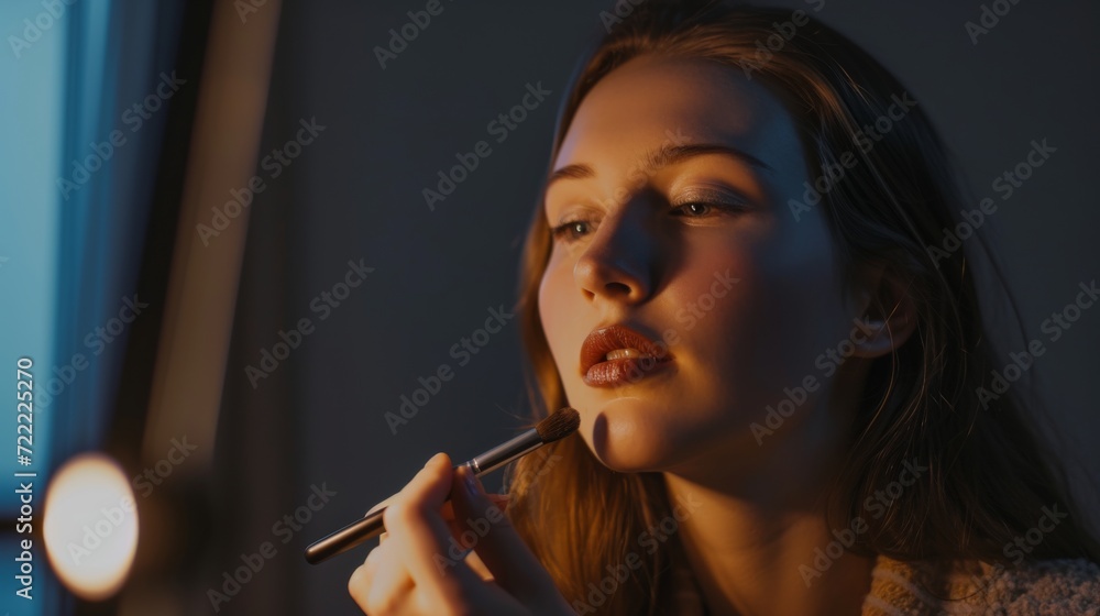 Fototapeta premium Makeup artist applies Makeup artist applies powder and blush. A beautiful woman faces. A make-up master puts blush on the cheeks of a beauty model girl. Make-up is in process. Beautiful woman