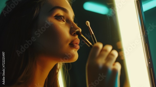 Makeup artist applies Makeup artist applies powder and blush. A beautiful woman faces. A make-up master puts blush on the cheeks of a beauty model girl. Make-up is in process. Beautiful woman