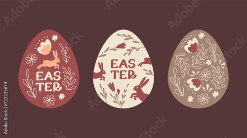 EasterEaster egg sale. Easter collection with bunnies, eggs and flowers in flat design. Egg hunt. (ID: 722225674)