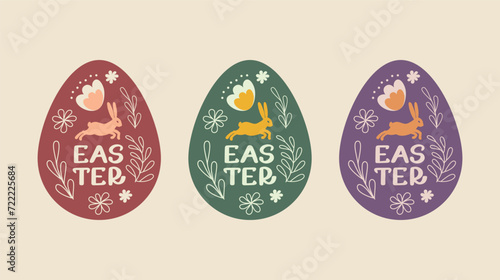 Easter egg sale. Set of Sale banners, greeting cards, posters, holiday covers. Easter collection with eggs and flowers in flat design. Egg hunt. Modern art minimalist style. (ID: 722225684)