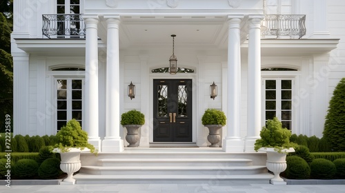 Main entrance door. White front door with porch. Exterior of georgian style home cottage house with columns. 