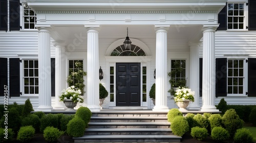 Main entrance door. White front door with porch. Exterior of georgian style home cottage house with columns.  © Ziyan