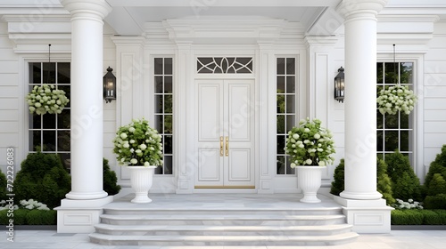 Main entrance door. White front door with porch. Exterior of georgian style home cottage house with columns. 