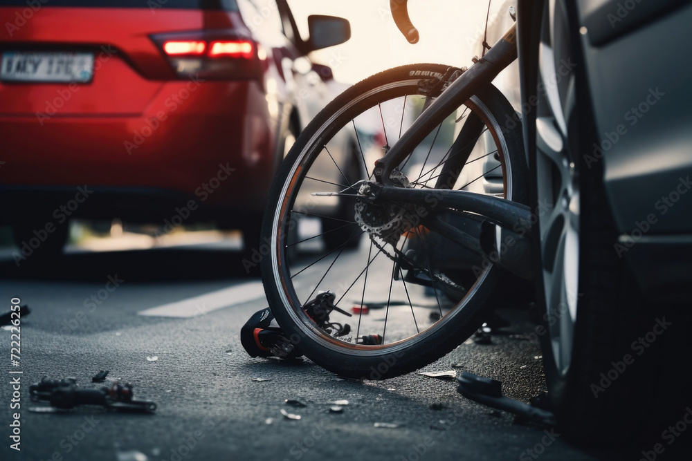 Traffic accident, bicycle on the road after a car hit a cyclist Traffic accident, bicycle on the road after a car hit a cyclist