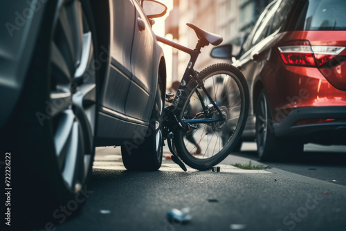 Traffic accident, bicycle on the road after a car hit a cyclist photo