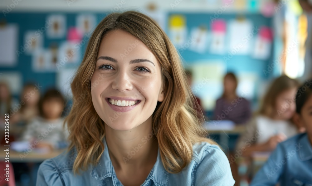Happy Female Teacher in Elementary Classroom Happy Female Teacher in Elementary Classroom
