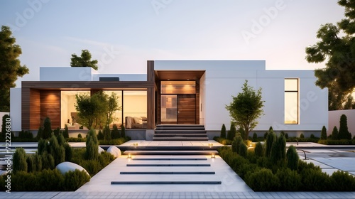 Modern luxury minimalist cubic house, villa with wooden cladding and white walls and landscaping design front yard. Residential architecture exterior. © Ziyan
