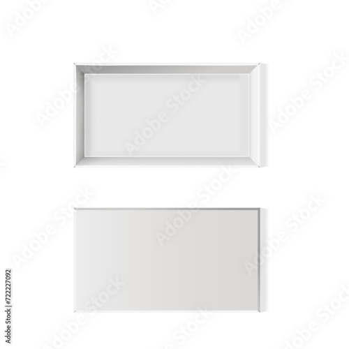 3d Vector Mockup Of White Rectangular Carton Box Top View. Realistic Open And Closed Package. Cardboard Blank Paper Pack