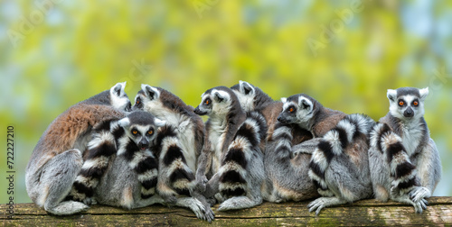 Group of ring-tailed lemurs on a wood log photo