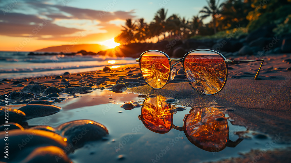 Fotografie sunglasses on the evening beach at sunset