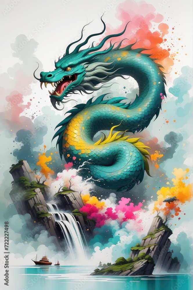 Chinese painting of a mythical blue dragon Chinese painting of a mythical blue dragon
