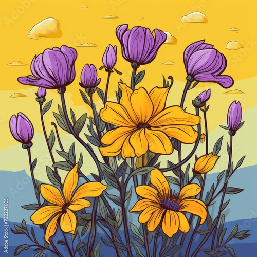 yellow flowers on a lilac background