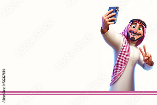 Arabian male taking a selfie using a smart phone, Khaleeji Man Taking a Selfie, Arabian Laughter: Cartoon Selfie Scene, Khaleeji Man Cartoon Pose