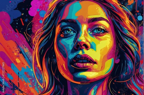 A Bold Neon Portrait of a Stoned Woman Experiencing Hallucinations with Splash Art, Glowy Smoke, and Cel-Shading Style in High Saturation 