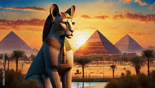 egyptian animal head statue with pyramids on sunset background