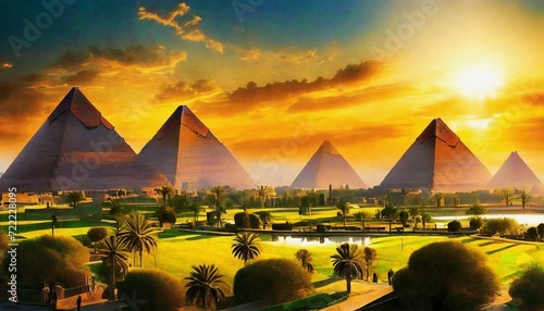 egyptian pyramids at sunset  photo