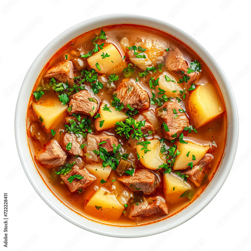 Shchi in a white bowl, a Russian soup made with cabbage, potatoes, and meat, top view, isolated on a transparent background