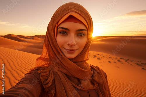 beautiful muslim girl selfie with sunset at the desert