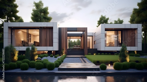 Modern luxury minimalist cubic house, villa with wooden cladding and white walls and landscaping design front yard. Residential architecture exterior. © Ziyan