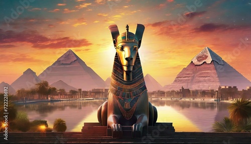 egyptian animal head statue with pyramids on sunset background photo