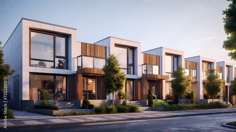 Modern modular private townhouses. Residential architecture exterior.