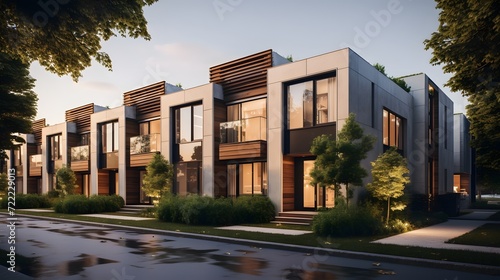 Modern modular private townhouses. Residential architecture exterior. © Ziyan