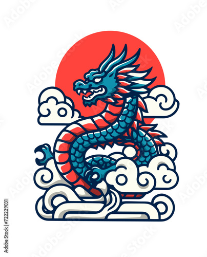 Vector t shirt design of Japanese dragon with cloud and moon  cute artwork hand drawn illustration
