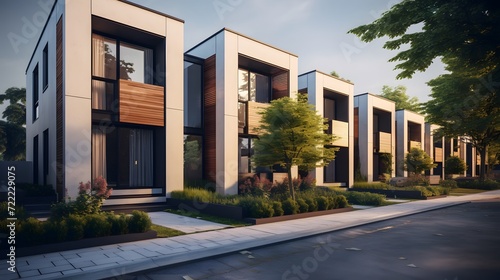 Modern modular private townhouses. Residential architecture exterior. © Ziyan