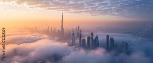 Aerial view of Dubai frame and skyline covered in dense fog during winter season photo