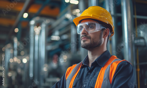  Portrait of Industry maintenance engineer man wearing uniform and safety hard hat on factory station. Industry, Engineer, construction concept.