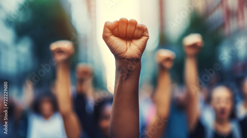 raised fists prominently centered against a blurred background. #722229680