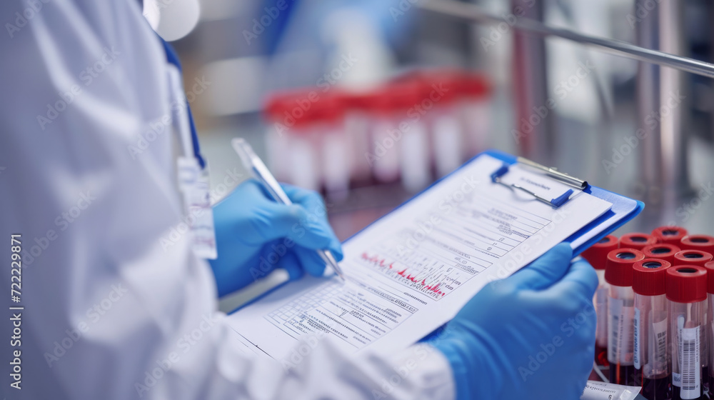 Close-up view of a healthcare professional's hands wearing blue gloves, writing on a medical report, with test tubes filled with blood samples in the background Close-up view of a healthcare professional's hands wearing blue gloves, writing on a medical report, with test tubes filled with blood samples in the background