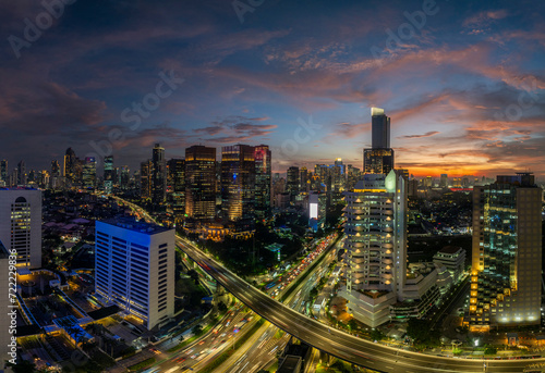 Panoramic view of jakarta City  Indonesia  with beautiful sunset. Jakarta is the largest city in indonesia that also the center of governance and business district. 