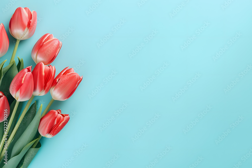Red tulip flowers on side of blue background with copy space
