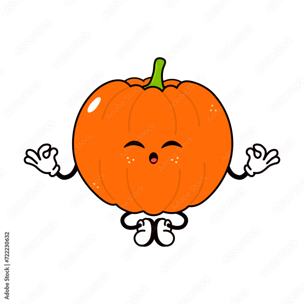 Obraz premium Pumpkin doing yoga character. Vector hand drawn traditional cartoon vintage, retro, kawaii character illustration icon. Isolated on white background. Pumpkin relax character